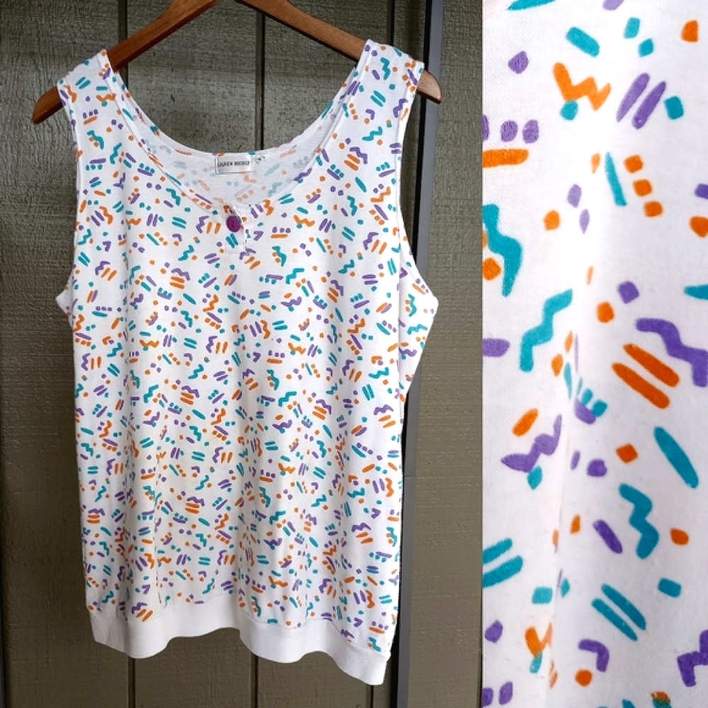 Vintage Lauren Brooke Tank Top 80s/90s Abstract Print Cotton Blend Plus Size 2X
